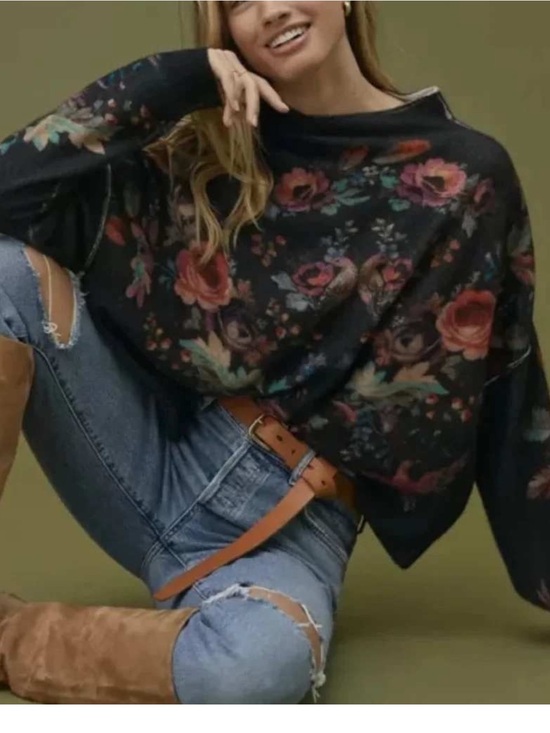 Pilcro Sweaters - Pilcro Charcoal Mock neck Cashmere Sweater with Multicolor Floral & Bird Motif
